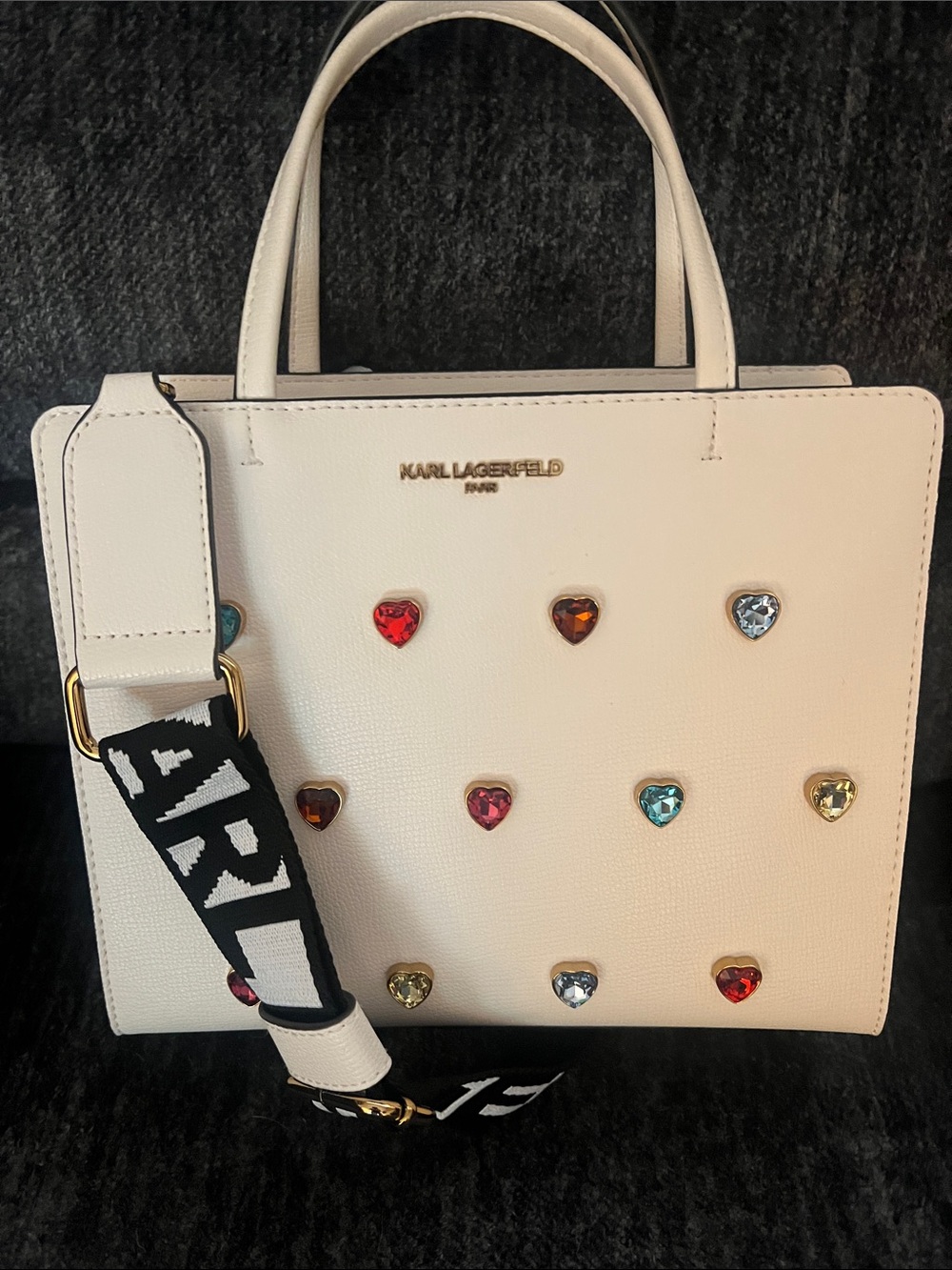 Karl Lagerfeld White Satchel with Multicolor Heart Jewels